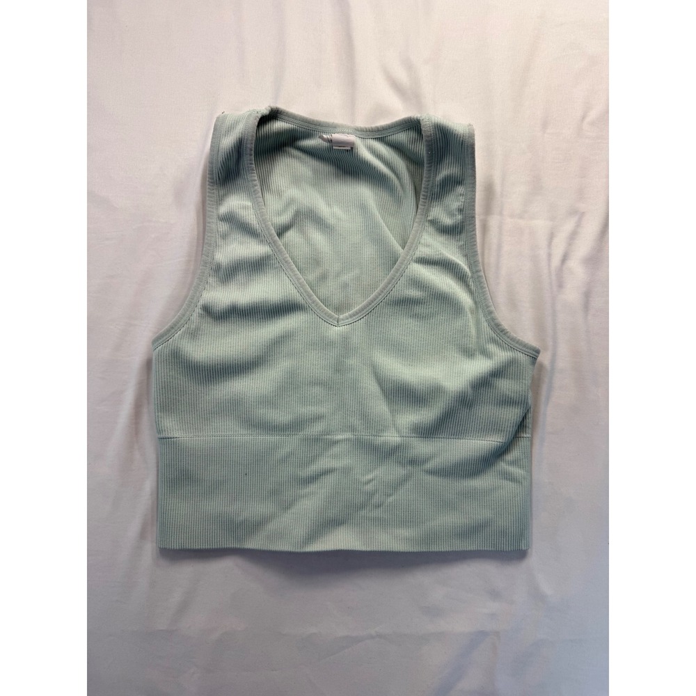 90 Degree by Reflex Womens Rib Seamless Highline Tank Crop Top V-Neck Green M